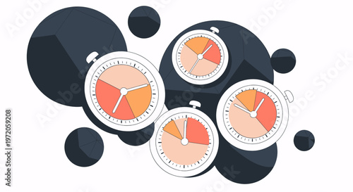 Abstract illustration of multiple stopwatches with colorful segments, representing time management and countdowns.
