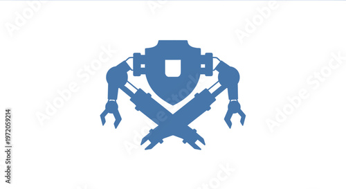 Blue Robot Shield Emblem on White Background - Technology and Protection.
