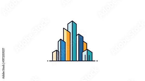 Colorful Abstract Cityscape Depicting Modern Architectural Design on White Background.