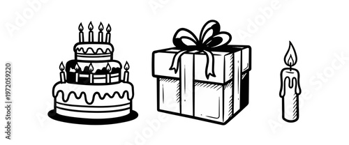 Birthday celebration symbols cake gift and candle illustrations on black