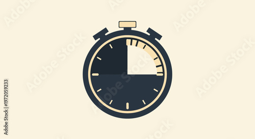 Minimalist flat design illustration of a stopwatch icon showing a quarter of the time elapsed, symbolizing countdown, time management, deadlines, and productivity.