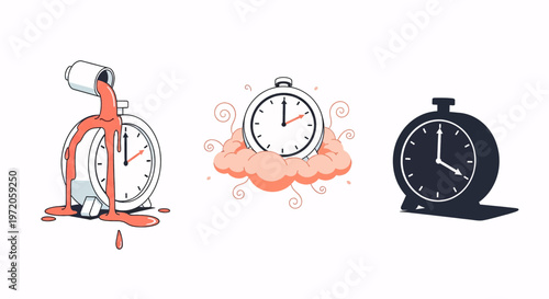 Dynamic illustrations exploring time management concepts: urgent countdowns, looming deadlines, efficient productivity, and the abstract flow of time.