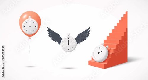 Dynamic Time Management Concepts: Countdown, Flying Clock, and Progress Staircase for Business Goals and Deadlines