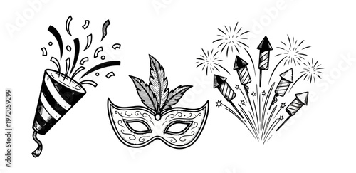 Celebration elements illustration festive mask crackers and fireworks on black background