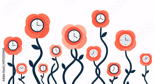 Blooming flowers with clock faces, symbolizing time management, growth, and the passage of time. Ideal for countdowns, deadlines, and productivity concepts.