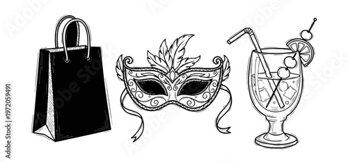 Masquerade party elements shopping bag mask and cocktail illustration