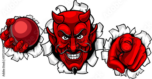 A devil man holding cricket ball, breaking through the background and pointing sports team mascot illustration.