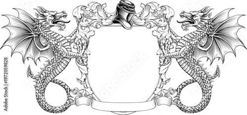 Wyvern dragons coat of arms or crest family heraldry medieval heraldic knight shield with helmet and acanthus filigree scroll ornament in a vintage woodcut style.