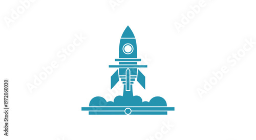 Blue Rocket Ship Launching into Space, Isolated on White.