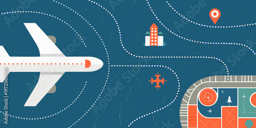 Aerial view showcasing various modes of transportation over a blue background