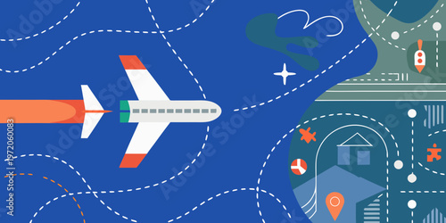 Stylized illustration of an airplane flying over a town and rocket launchpad