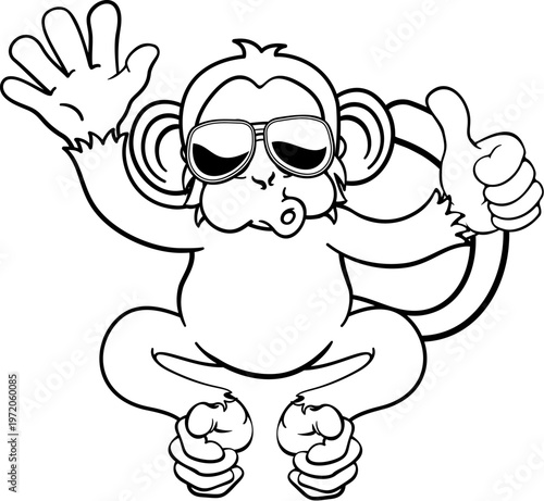 A monkey cool cute happy cartoon character animal wearing sunglasses waving and giving a thumbs up