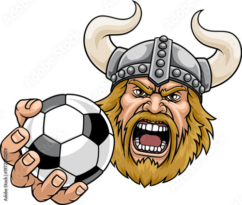 A Viking man holding Soccer Football ball sports team cartoon charcater mascot illustration.