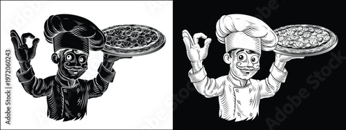 Black and white woodcut style illustration of a cheerful Italian chef holding a tray with a freshly baked pizza. For pizzeria, restaurant menus, culinary branding, and vintage style food packaging.