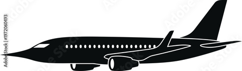 Black silhouette of a commercial airplane in a vector graphic design