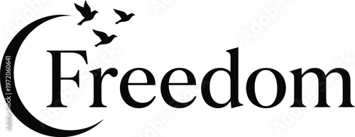 A professional vector graphic illustration featuring the word freedom with three elegant flying birds soaring above the letter f character