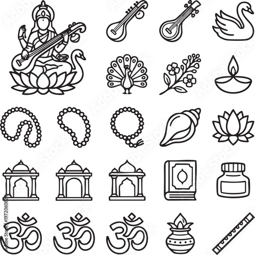 Hindu goddess with musical instrument and various traditional Indian symbols