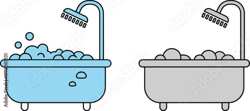 Vector graphic illustration of two bathtubs with shower heads and soap bubbles on a light blue background for bathroom design themes
