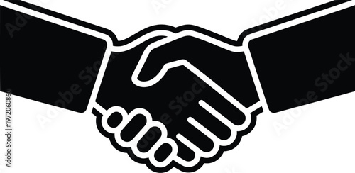 Vector graphic illustration of two hands shaking in a firm handshake gesture representing partnership and agreement in a simple black and white design