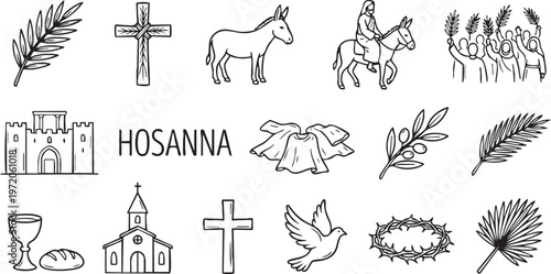 Palm Sunday symbols and icons, Hosanna, Christian faith illustrations