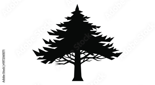 Bold black silhouette of a large coniferous pine or fir tree with many branches isolated on a white background.