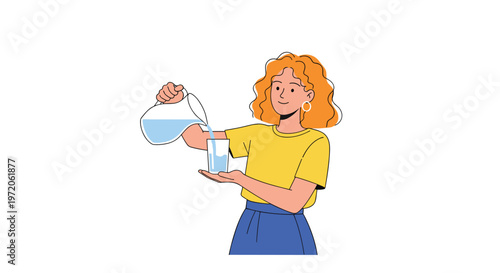 Cheerful woman with curly orange hair pouring fresh water from a glass pitcher into a clear drinking glass cup.