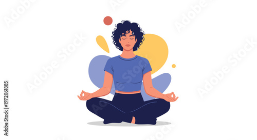 Calm young woman with curly hair sitting in a yoga pose and meditating with closed eyes for peace and relaxation.