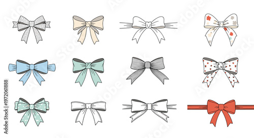 Large variety of twelve decorative illustrated bows and ribbons in different colors patterns and ribbon styles.