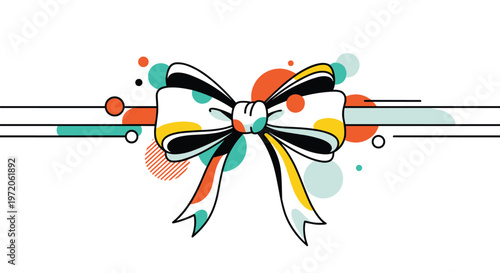 Elegant white fabric bow with black outlines and colorful dots on a horizontal decorative background graphic bar.