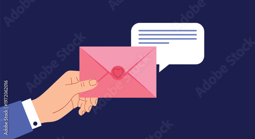 Hand holding a pink love letter envelope with a heart seal is shown against a dark blue background with message.