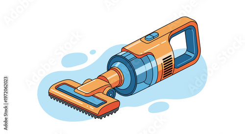 Modern orange handheld vacuum cleaner rests on a light blue abstract background representing efficient home cleaning technology.