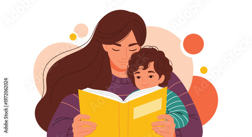 Caring mother sits with her young child and reads an interesting storybook together in a warm and cozy home environment.