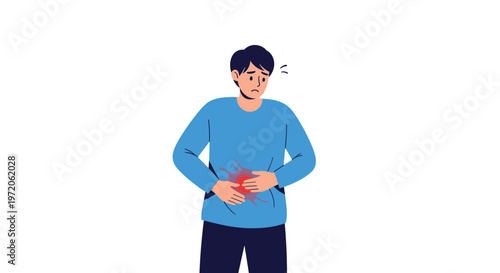 Young man holding his abdomen with a distressed face shows symptoms of severe stomach ache or digestive problem.