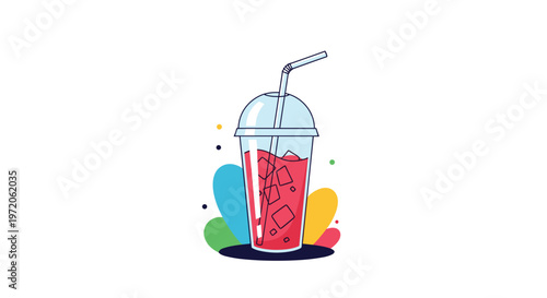 Transparent plastic cup filled with a red iced beverage and a straw is shown against a vibrant and colorful background.