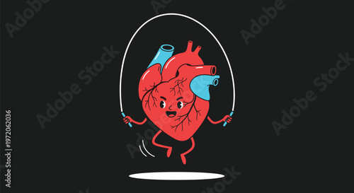 Energetic cartoon heart character is exercising by skipping rope on a black background to promote heart health.