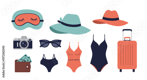 Various colorful summer travel accessories including swimsuits, sunglasses, hats, and a suitcase are arranged for a vacation.