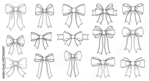 Large collection of diverse ribbon bow sketches in black and white line art style suitable for various decorative design projects.