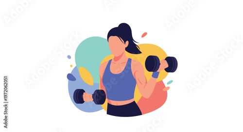 Fit young woman with a ponytail performs strength training exercises by lifting heavy black dumbbells in a gym setting.