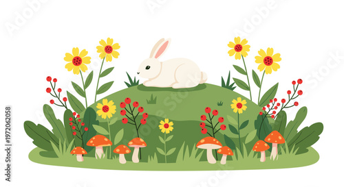 White rabbit sits quietly on a green hill surrounded by yellow flowers, red berries, and mushrooms in a whimsical forest meadow.