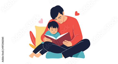 Loving father sits on the floor and reads an engaging book to his young son in a warm family bonding moment in a domestic environment.
