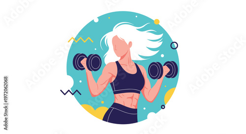 Powerful athletic woman with white hair lifts heavy dumbbells against a vibrant blue circular background with abstract patterns and shapes.