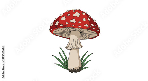 Iconic red and white spotted fly agaric mushroom grows from a patch of green grass in a forest-themed illustration for nature lovers.