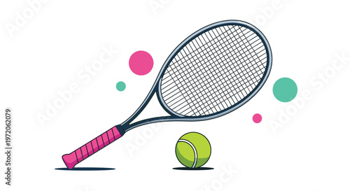 Professional tennis racket and a bright green ball are shown with colorful abstract circles on a clean white background for sports design.