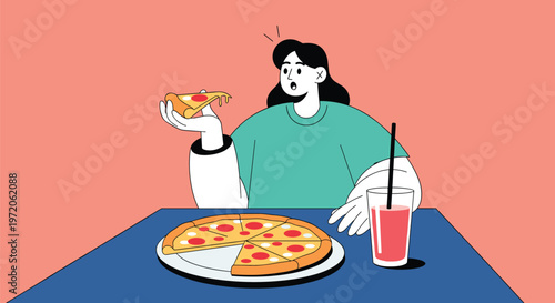 Surprised woman enjoys a slice of pepperoni pizza and a drink while sitting at a table against a solid orange background in a flat style.