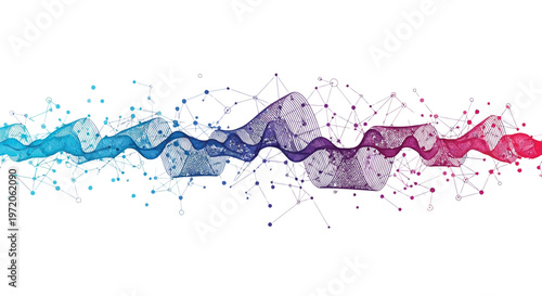 Dynamic abstract sound wave vector graphic illustration showcasing modern technology connectivity patterns with colorful flowing particles and interconnected lines forming a sophisticated digital spec