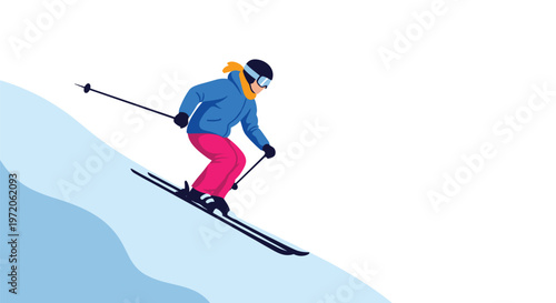 Active skier in blue and pink winter gear speeds down a snowy mountain slope during a sunny winter vacation day in the great outdoors.