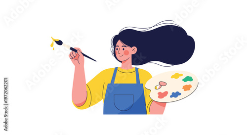 Creative woman artist holding a paintbrush and a colorful palette while painting a masterpiece in her studio or art class.