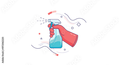 Hand in a red protective glove holding a spray bottle with blue liquid cleaning solution for household chores and hygiene.