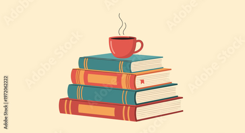 Hot cup of coffee or tea with steam sitting on a stack of colorful vintage books on a warm yellow background for reading time.