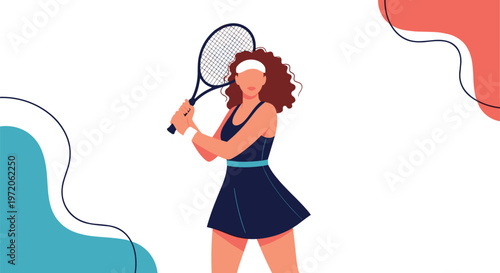 Dynamic illustration of a woman tennis player in a black dress hitting a backhand shot with a racket on an abstract background.